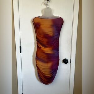 Zara Ruched Sheer Midi Dress in Purple and Orange Ombre